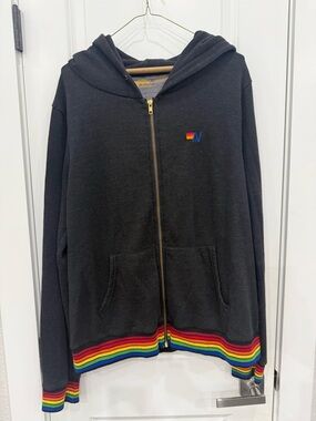 Aviator Nation Black Zip Hoodie with Rainbow Trim